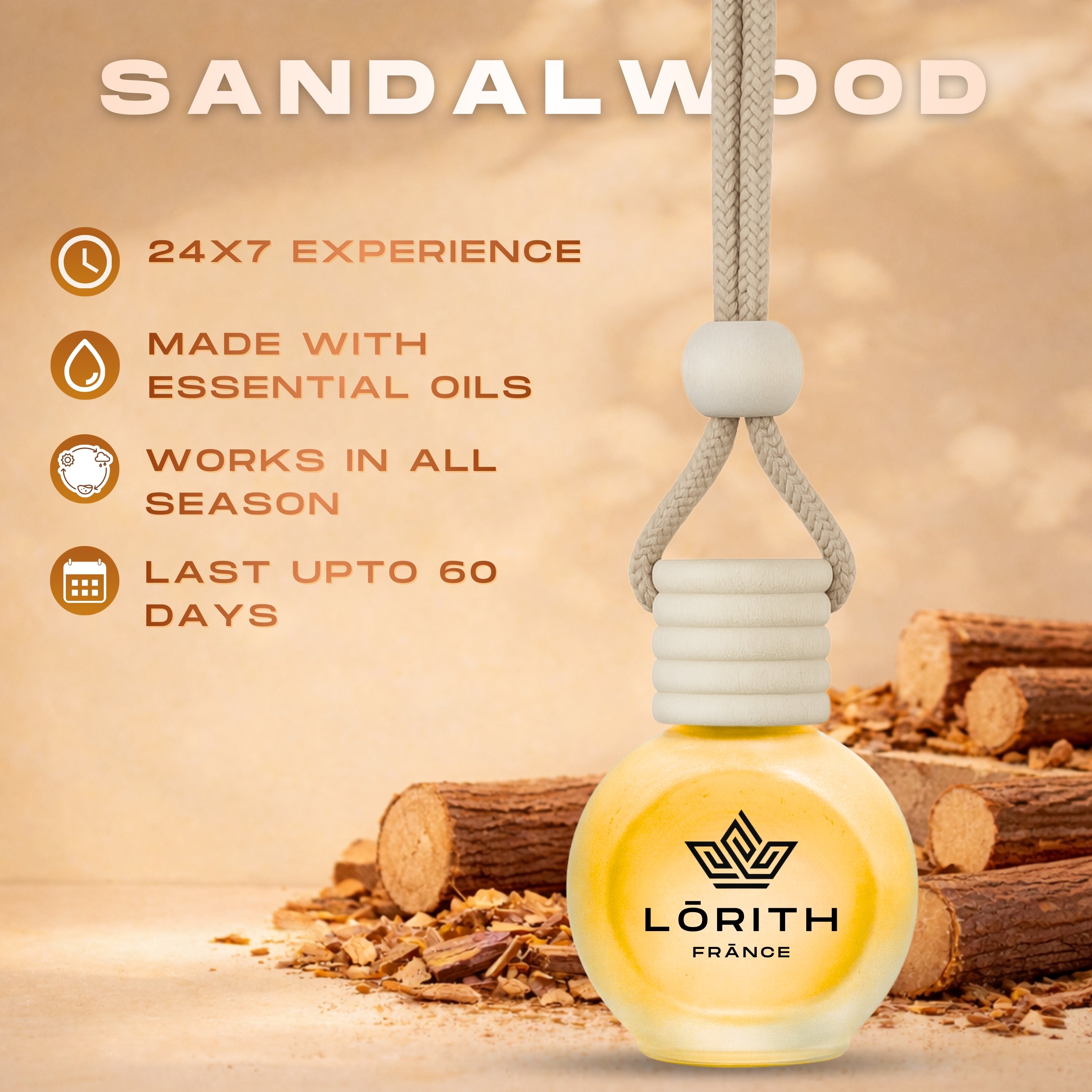 Lorith France Sandalwood Hanging Car Air Freshener | Premium Long-Lasting Car Perfume - LORITH FRANCE