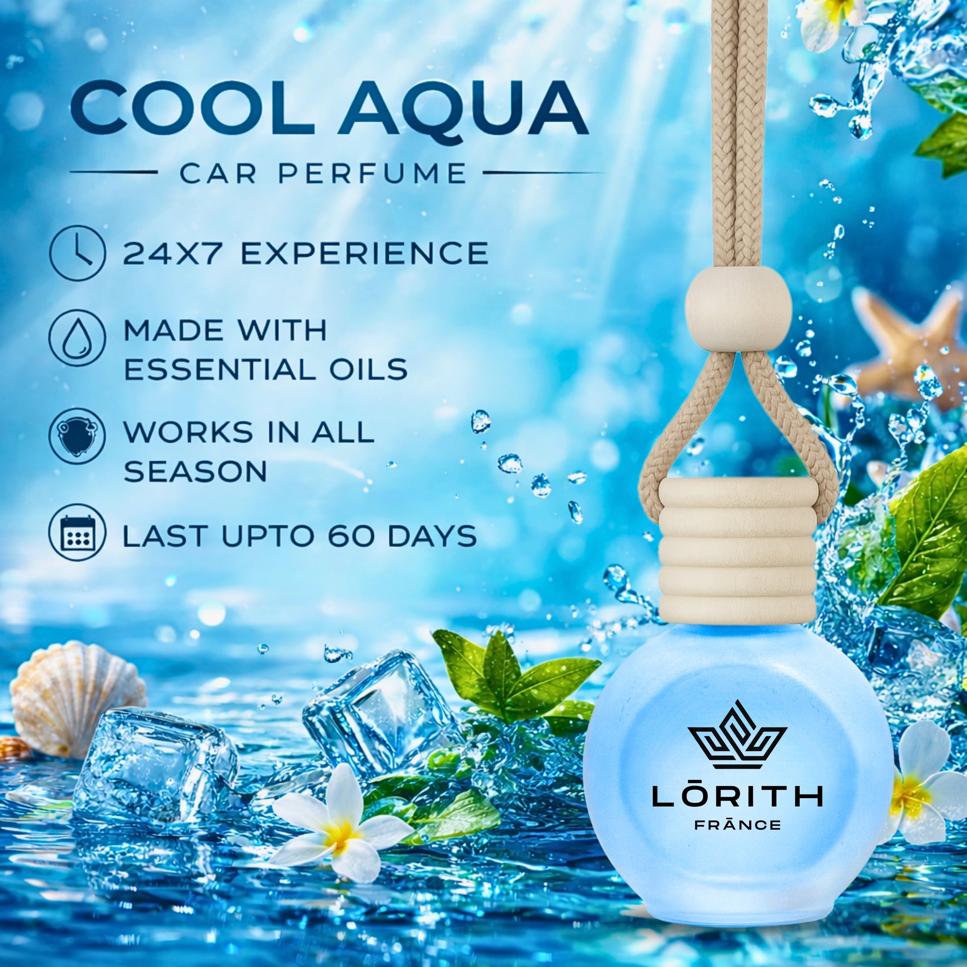 Lorith France Cool Aqua Hanging Car Air Freshener | Premium Long-Lasting Car Perfume - LORITH FRANCE