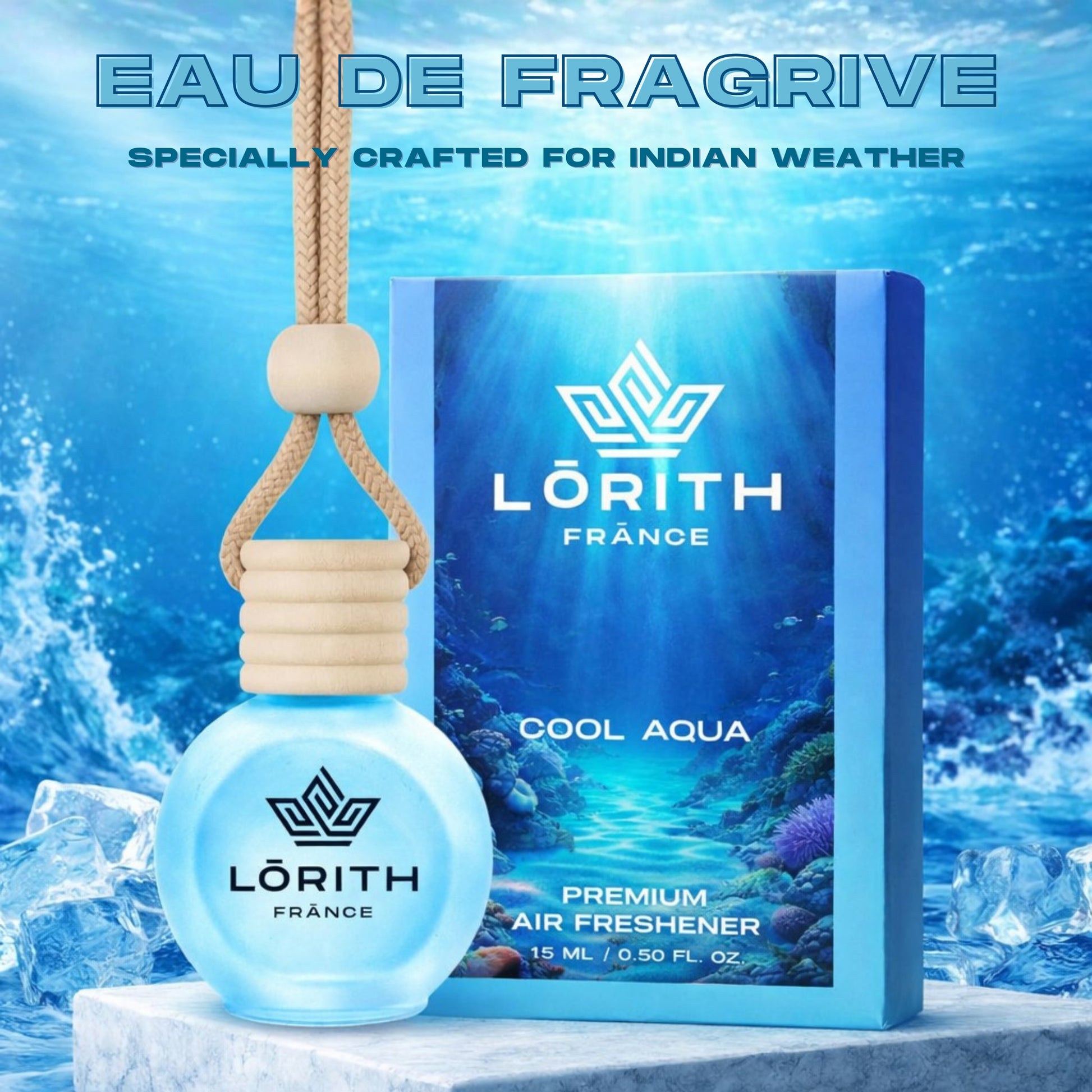 Lorith France Cool Aqua Hanging Car Air Freshener | Premium Long-Lasting Car Perfume - LORITH FRANCE