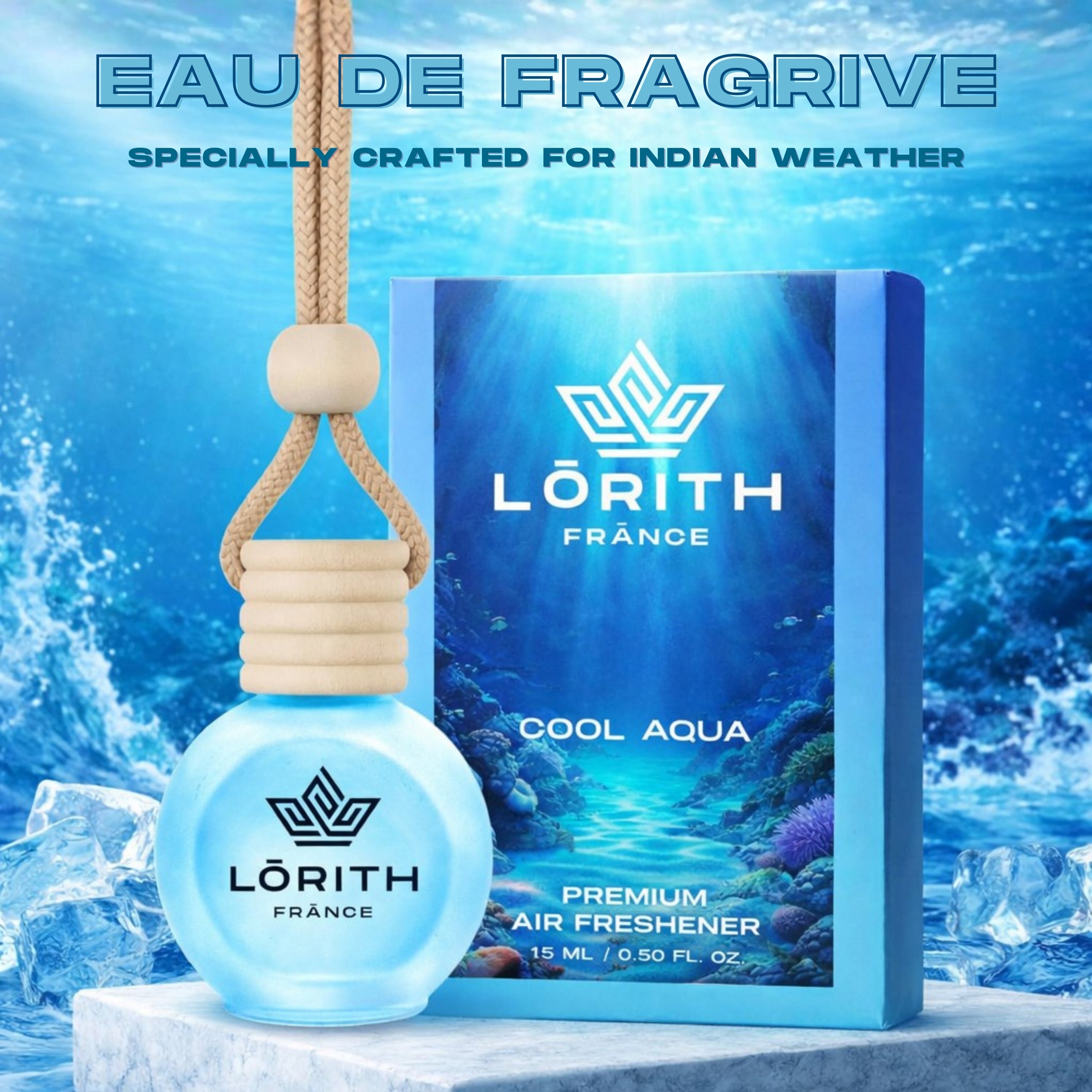 Lorith France Cool Aqua Hanging Car Air Freshener | Premium Long-Lasting Car Perfume - LORITH FRANCE