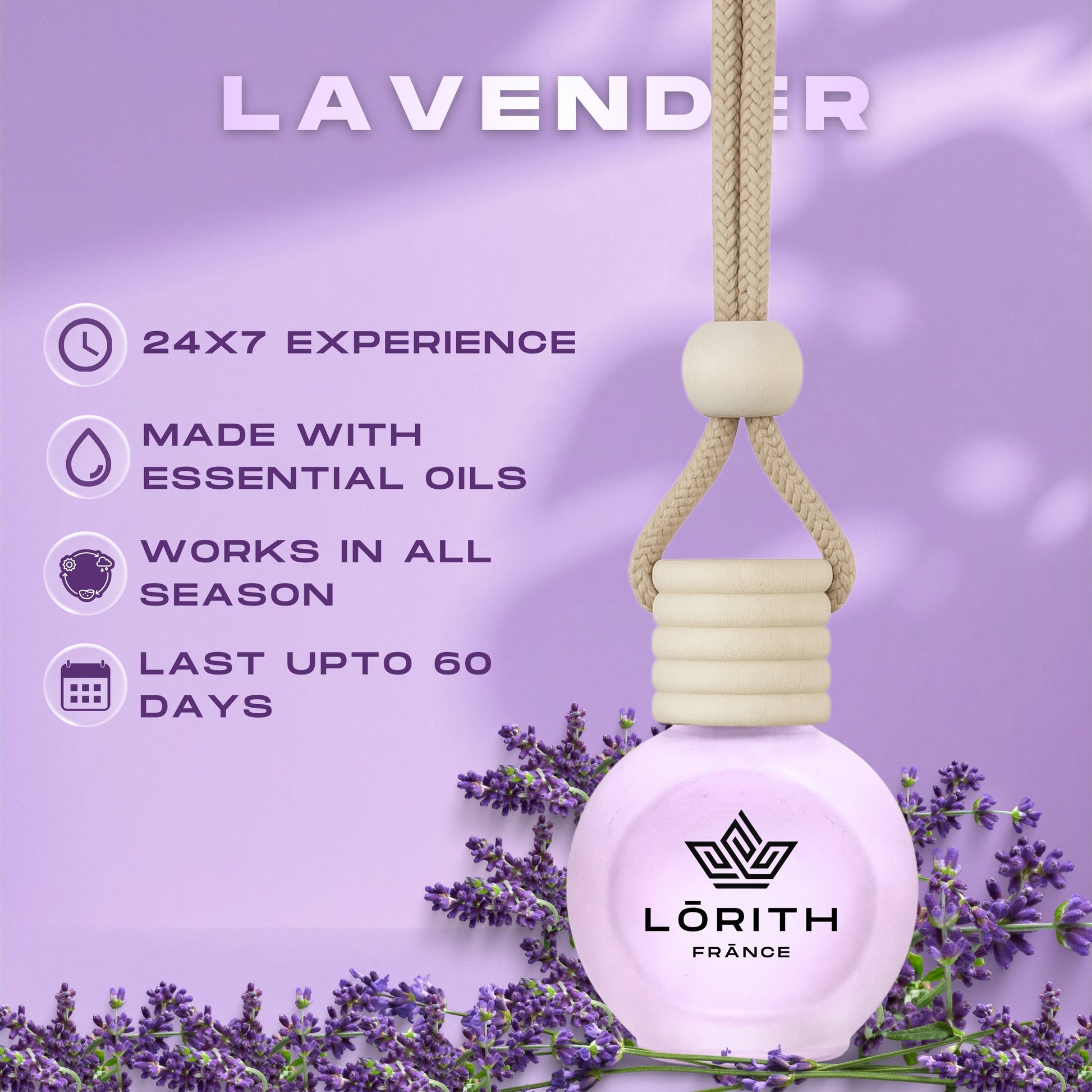 Lorith France Lavender Hanging Car Air Freshener | Premium Long-Lasting Car Perfume - LORITH FRANCE