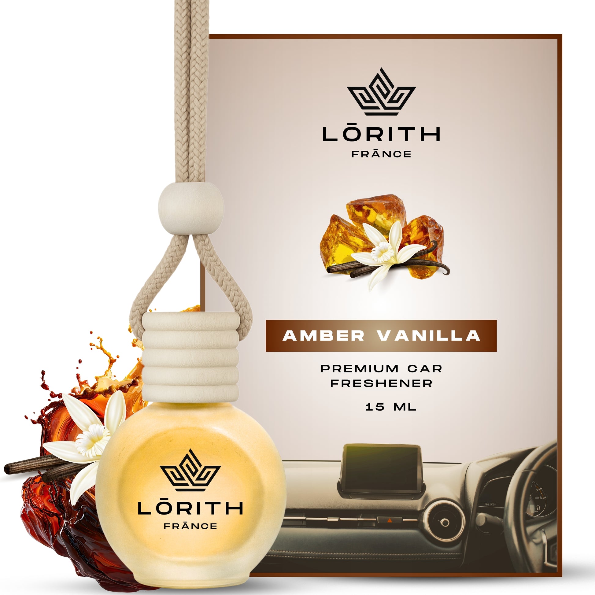 Lorith France Amber Vanilla Hanging Car Air Freshener | Premium Long-Lasting Car Perfume - LORITH FRANCE