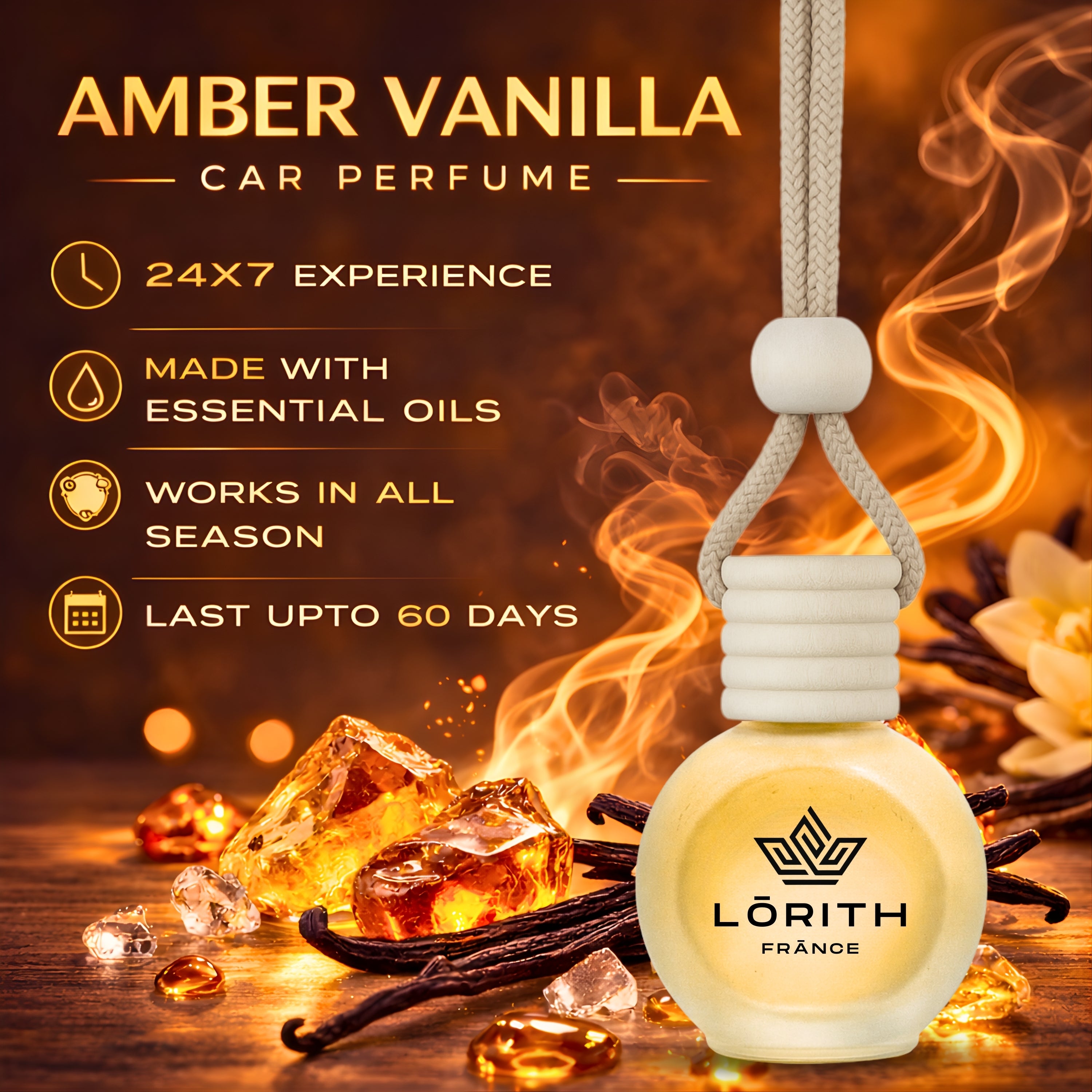 Lorith France Amber Vanilla Hanging Car Air Freshener | Premium Long-Lasting Car Perfume - LORITH FRANCE