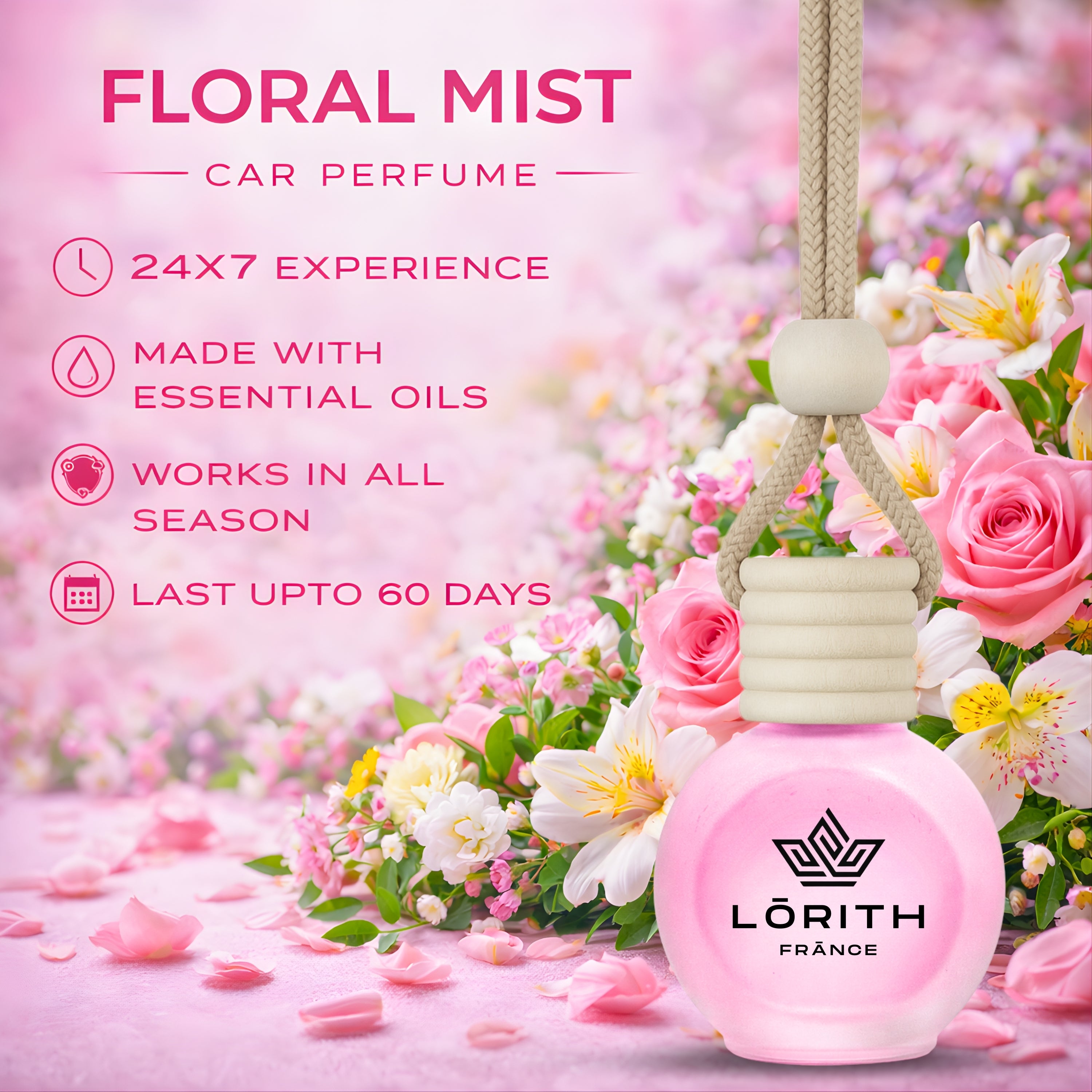 Lorith France Floral Mist Hanging Car Air Freshener | Premium Long-Lasting Car Perfume - LORITH FRANCE