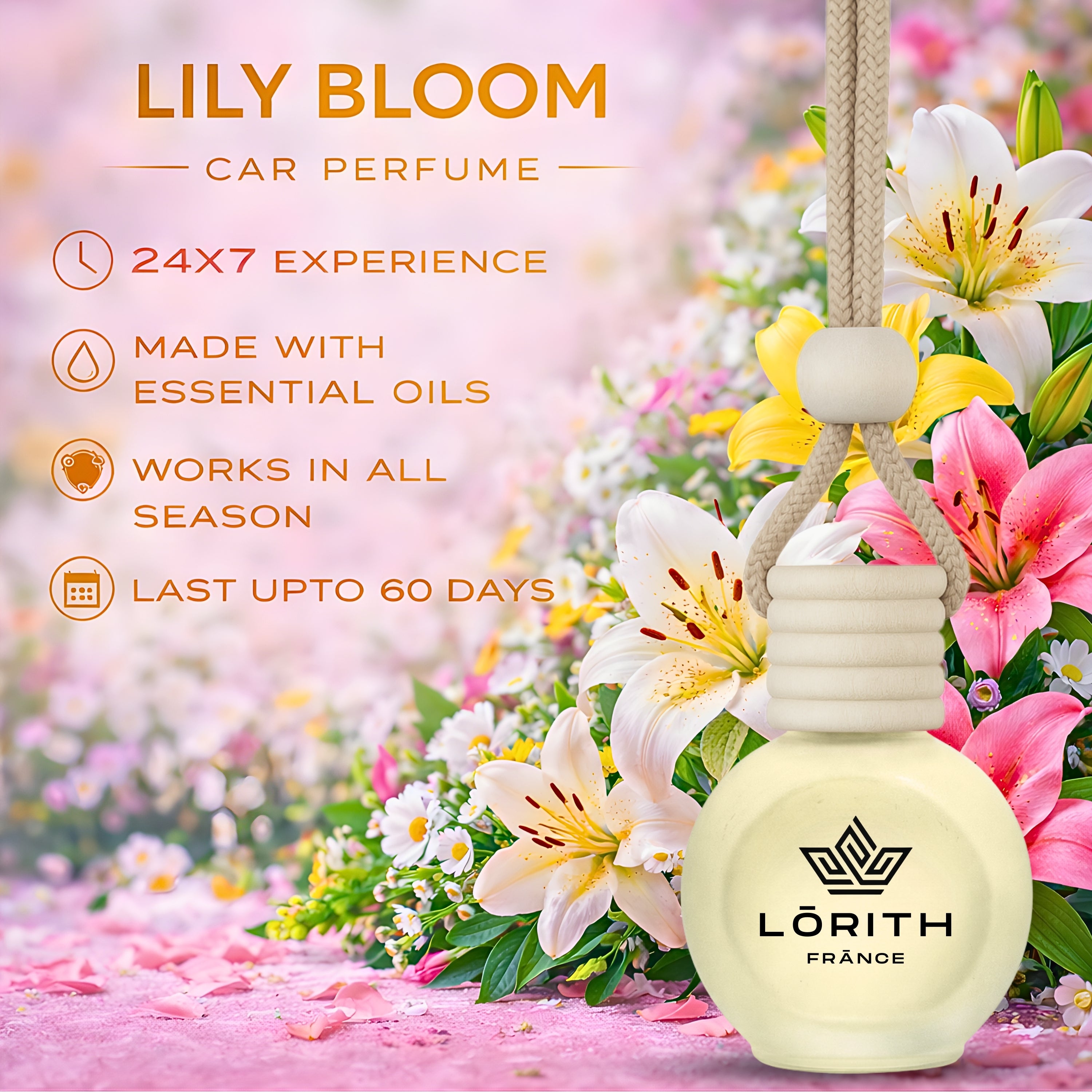 Lorith France Lily Bloom Hanging Car Air Freshener | Premium Long-Lasting Car Perfume - LORITH FRANCE
