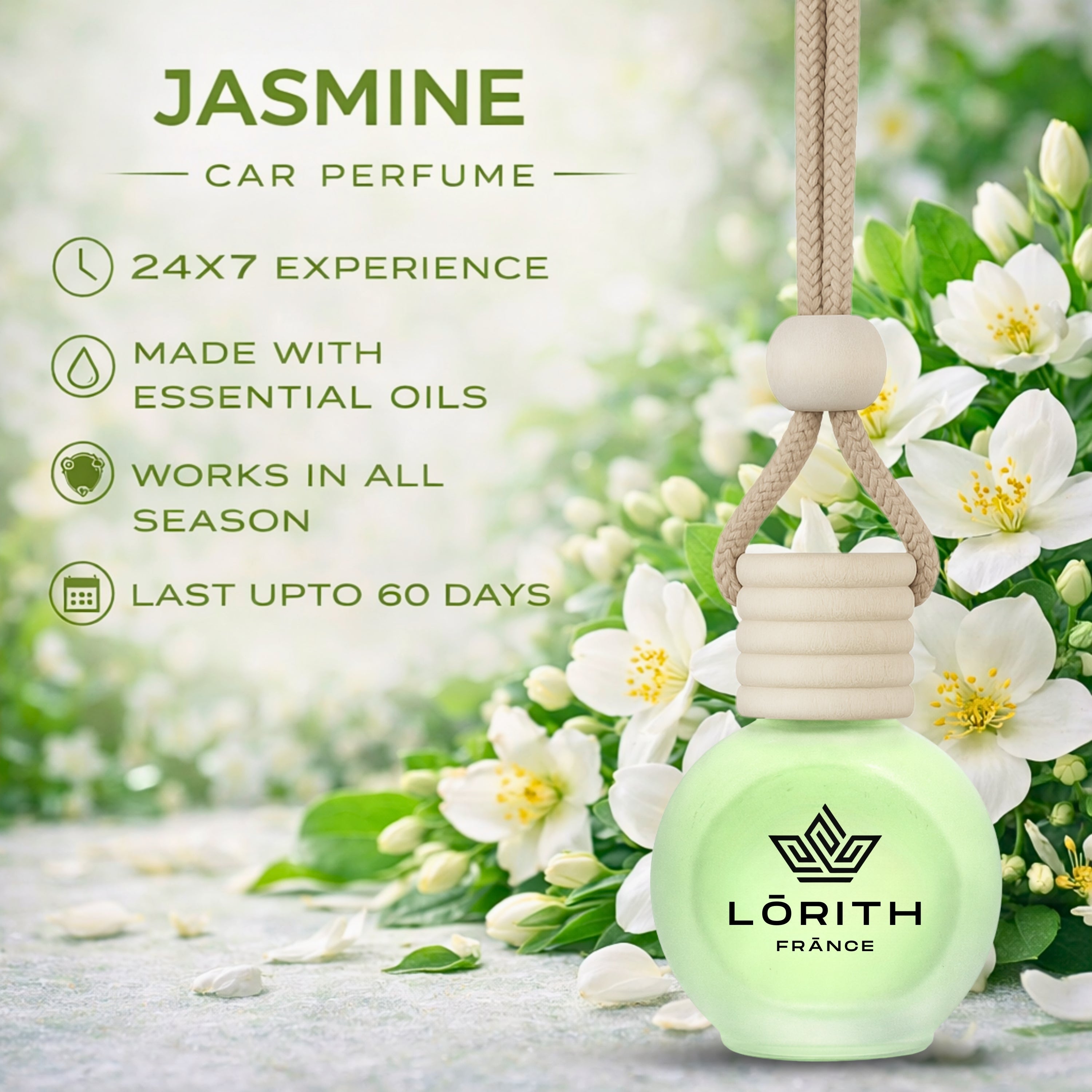 Lorith France Jasmine Hanging Car Air Freshener | Premium Long-Lasting Car Perfume - LORITH FRANCE