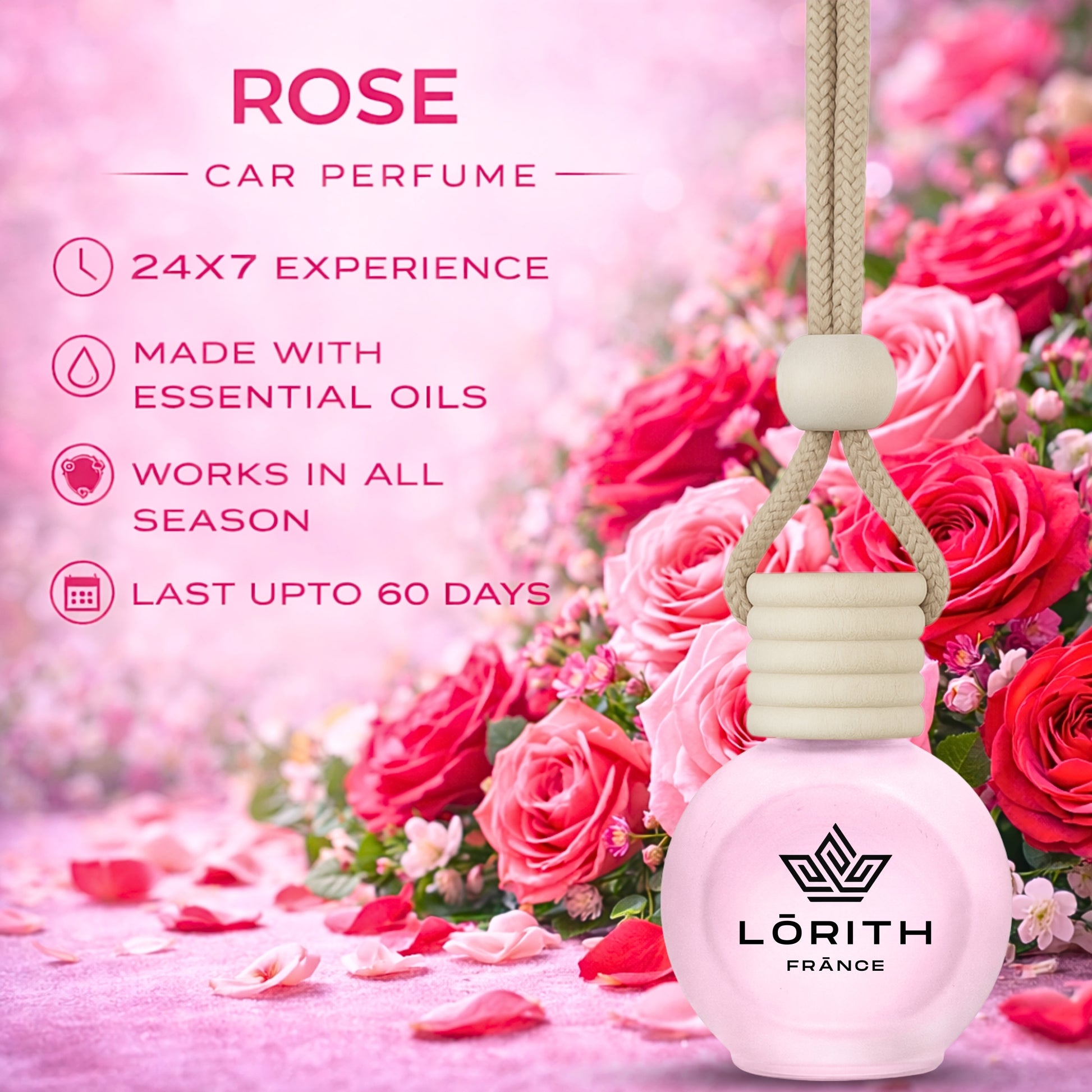 Lorith France Rose Hanging Car Air Freshener | Premium Long-Lasting Car Perfume - LORITH FRANCE