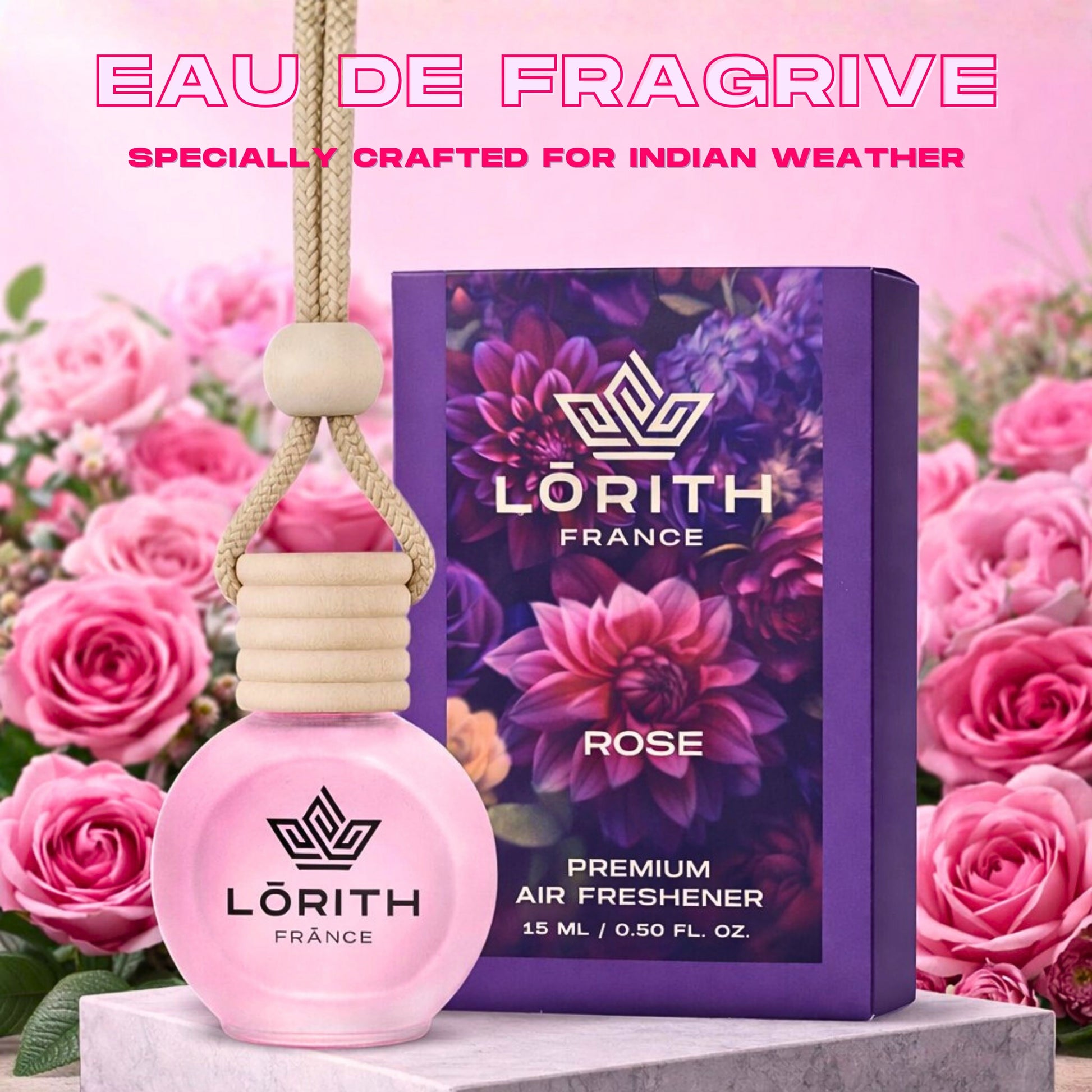 Lorith France Rose Hanging Car Air Freshener | Premium Long-Lasting Car Perfume - LORITH FRANCE